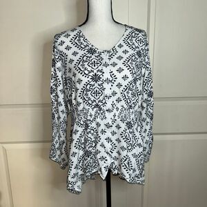 🟢 Lane Bryant Peplum Blouse 14 | Boho Flowy Top Black White Geo Print